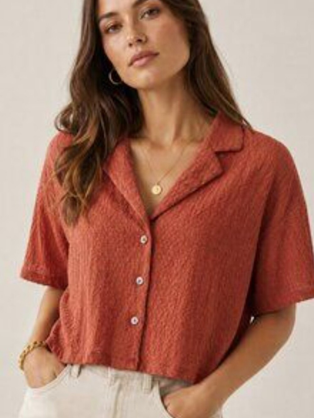 Madewell Crinkle-Knit Button-Front Top in Salvaged Barn Sz M